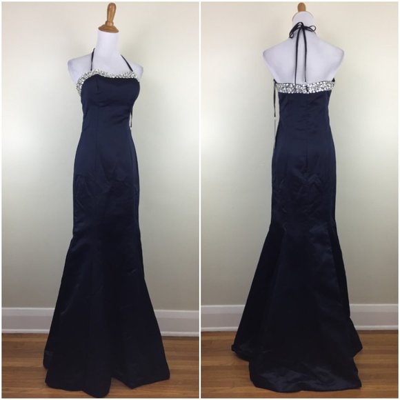NWT AMELIA COUTURE Dark Blue/Navy Silver Rhinestone Mermaid Halter Gown Dress